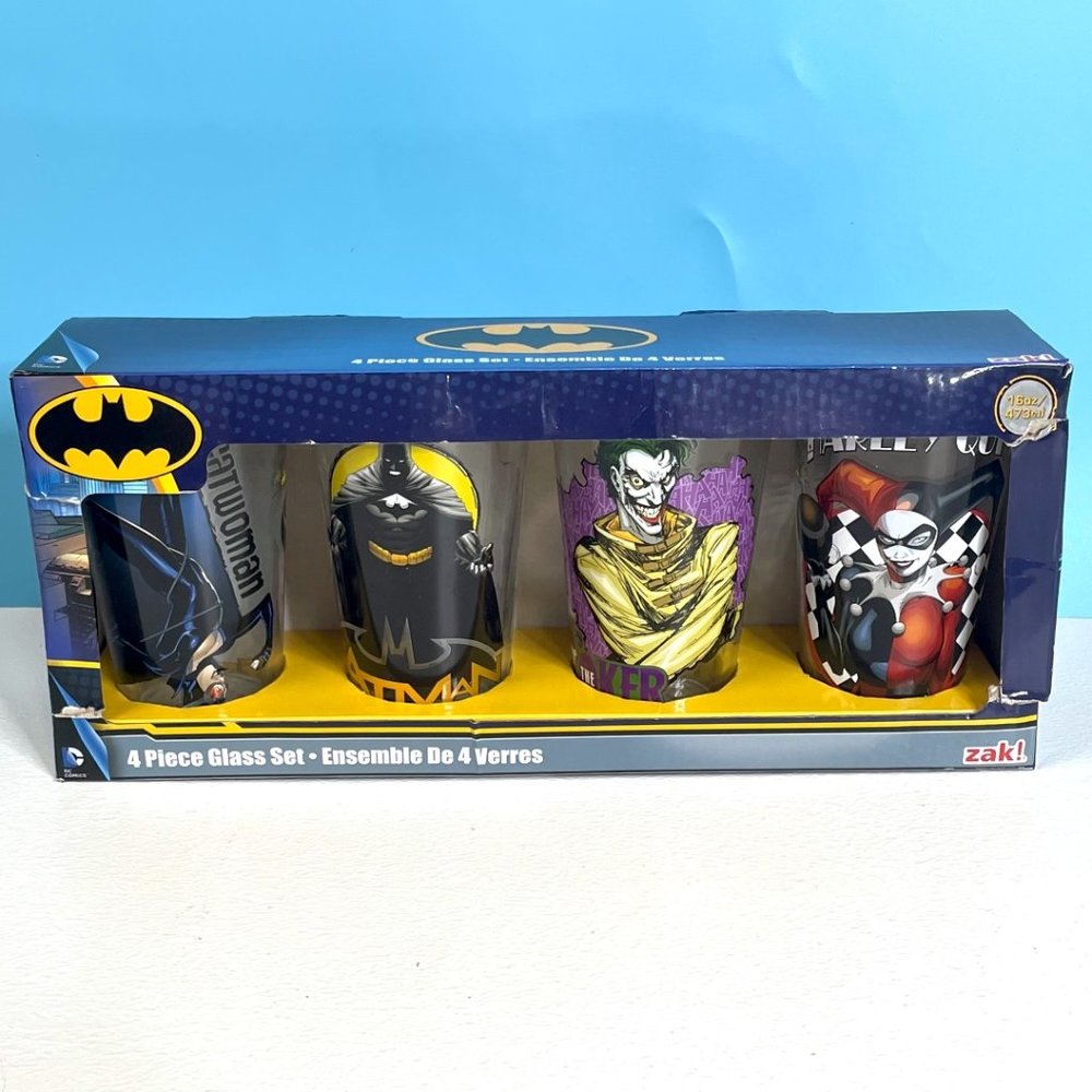 Zak! 4 Piece Collectible‎ Batman Themed Glasses 16oz Tumbler Glass Set